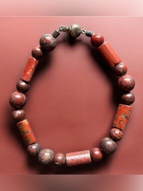 Red Jasper Bracelet 925 Sterling Silver Mens Beaded | Size 8IN